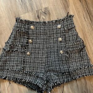 Black and White High-Waist Tweed Shorts with Gold Buttons